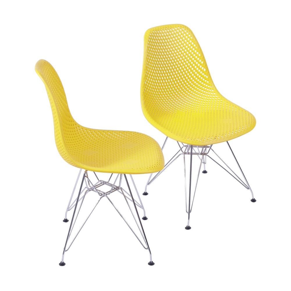 Cadeira Eames Colméia Sala Jantar Estar Base Cromada Cor Amarela Conjunto 2 Unidades