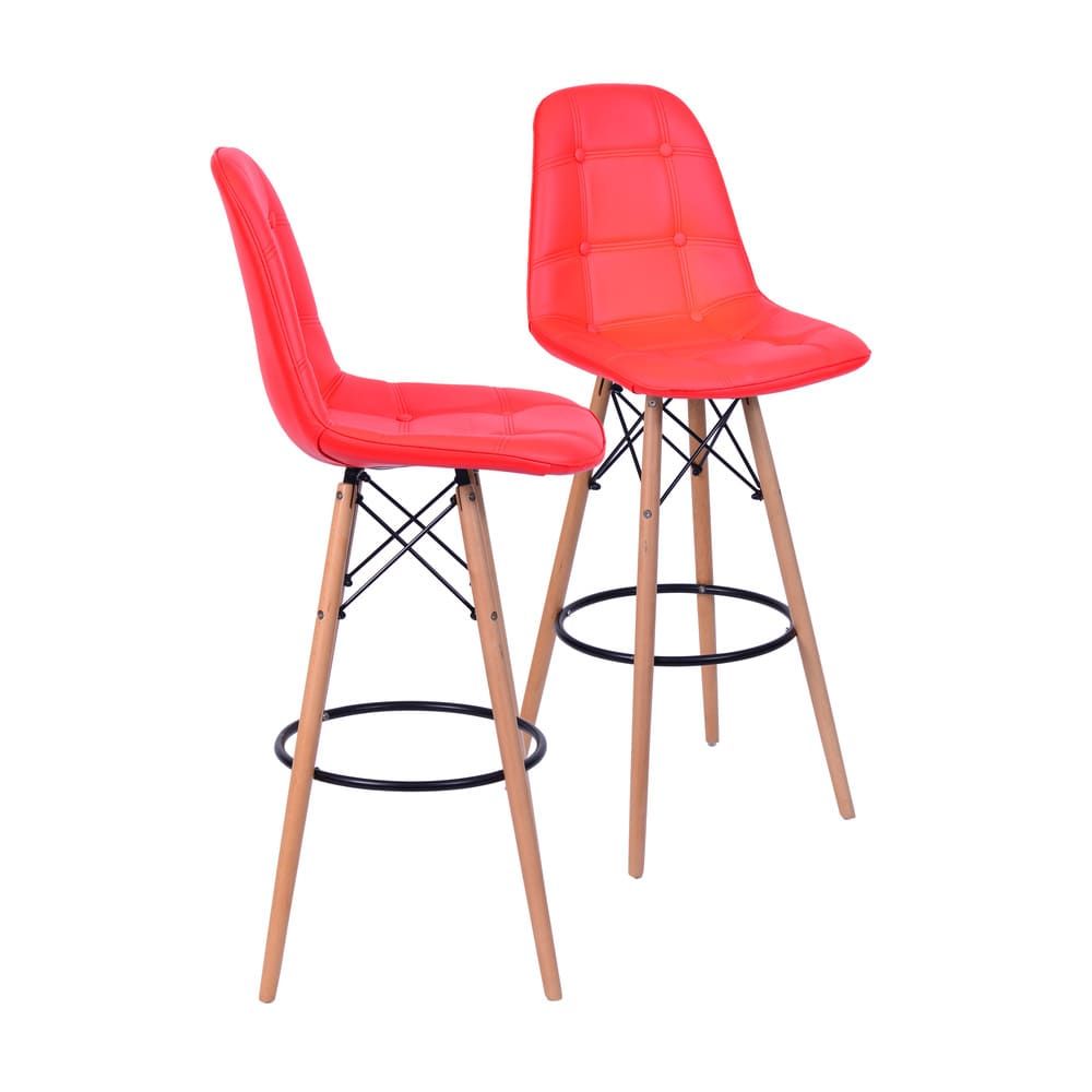 Banqueta Charles Eames Eifeel Botone Para Bar Cozinha Base Madeira Cor Vermelha Conjunto 2 Unidades