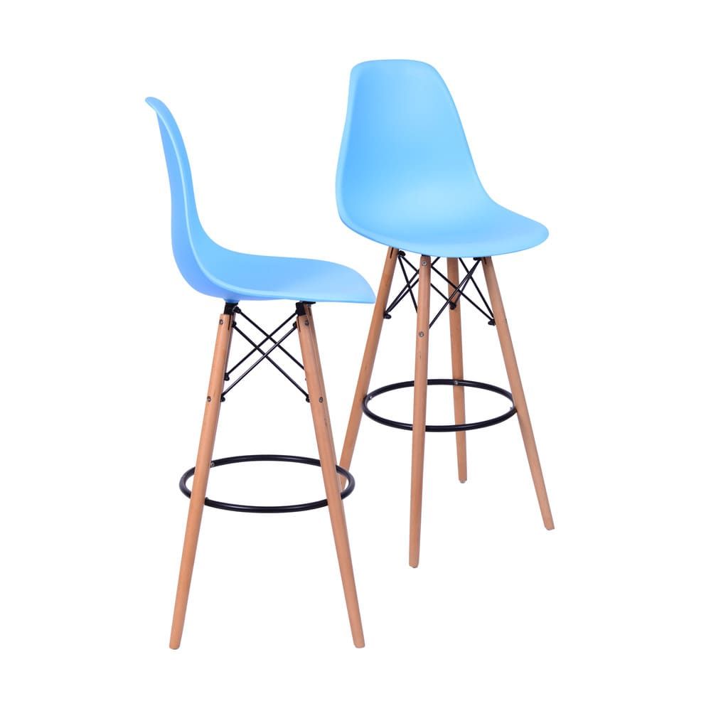 Banqueta Charles Eames Dkr Bar Cozinha Base Madeira Cor Azul Claro Conjunto 2 Unidades