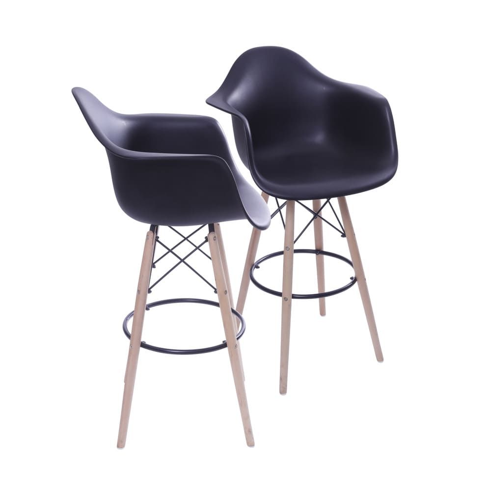 Banqueta Charles Eames Dkr Com Braço Base Madeira Cor Preta Conjunto 2 Unidades