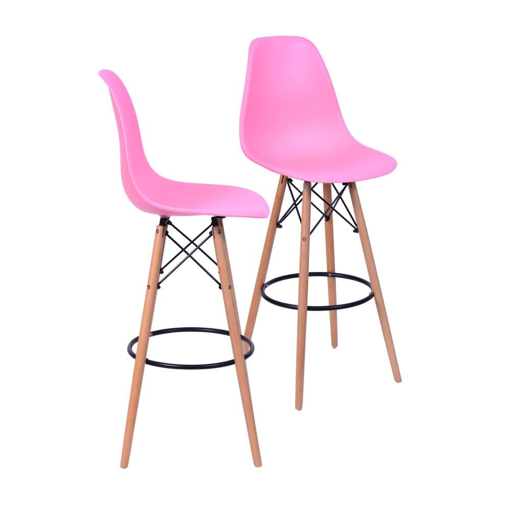 Banqueta Charles Eames Dkr Bar Cozinha Base Madeira Cor Rosa Conjunto 2 Unidades