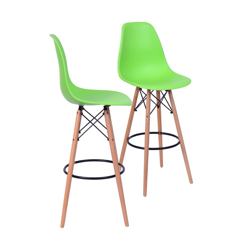 Banqueta Charles Eames Dkr Bar Cozinha Base Madeira Cor Verde Conjunto 2 Unidades