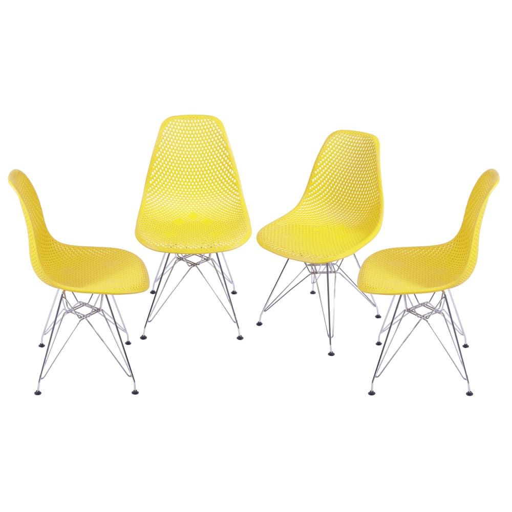 Cadeira Eames Colméia Sala Jantar Estar Base Cromada Cor Amarela Conjunto 4 Unidades