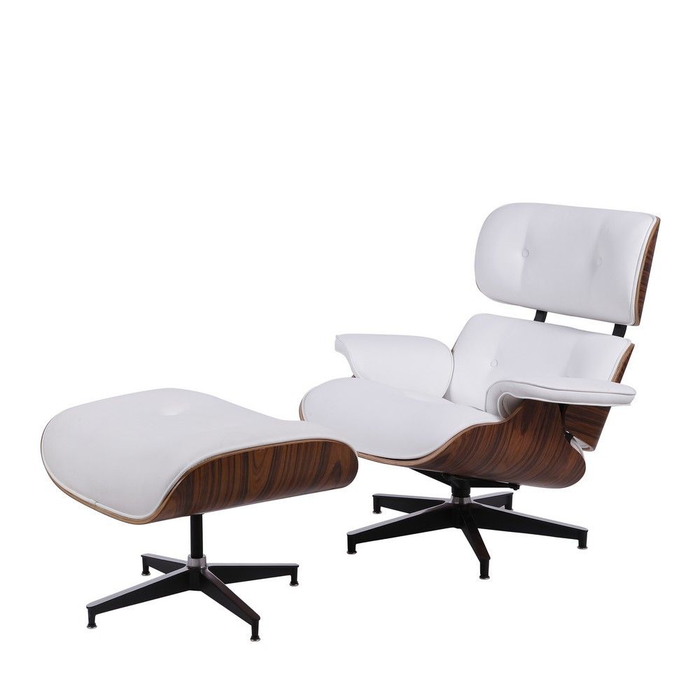 Poltrona Sala de Estar Charles Eames Com Puff Couro Cor Branca