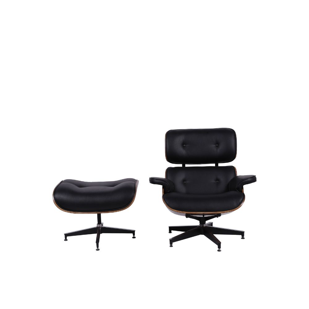 Poltrona Sala de Estar Charles Eames Com Puff Couro Cor Preta