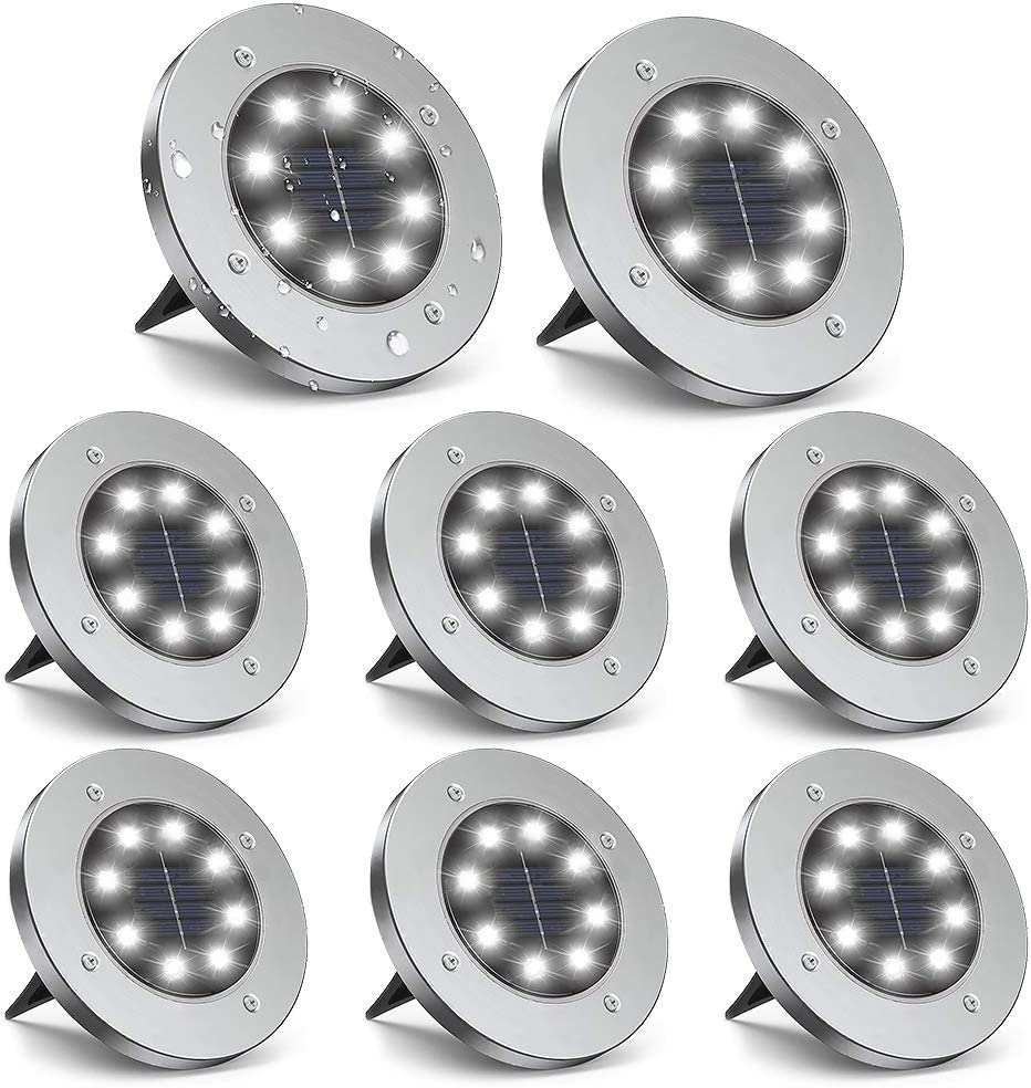 Luminárias  Solares com 8 LED para Jardim Embutidas - Pacote com 8 Unidades - Luz Branca Fria