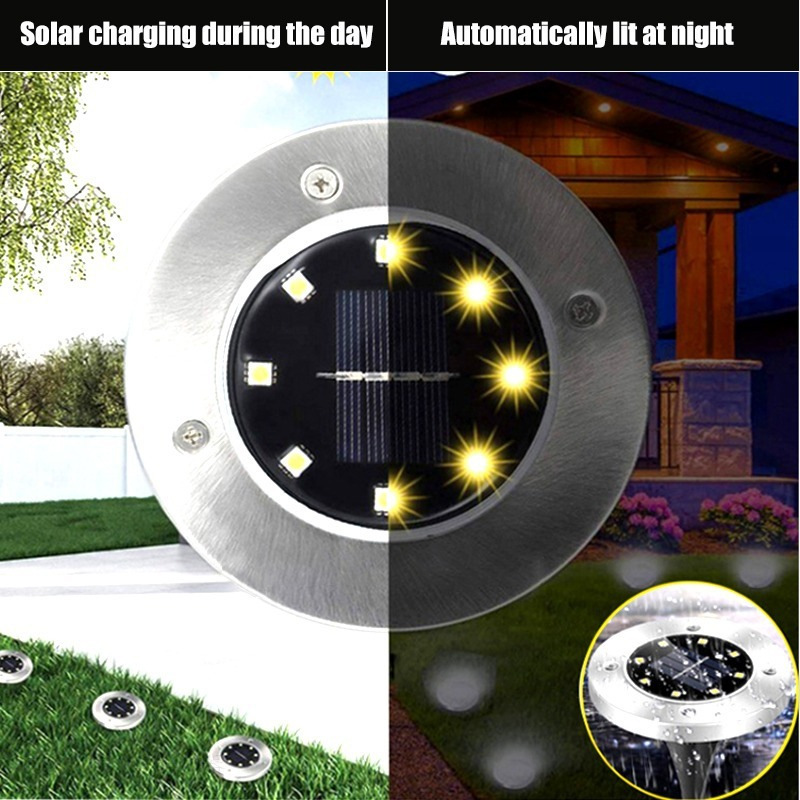 Luminárias  Solares com 8 LED para Jardim Embutidas - Pacote com 8 Unidades - Luz Branca Fria