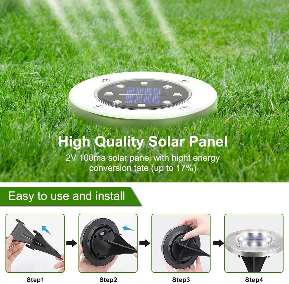 Luminárias  Solares com 8 LED para Jardim Embutidas - Pacote com 8 Unidades - Luz Branca Fria