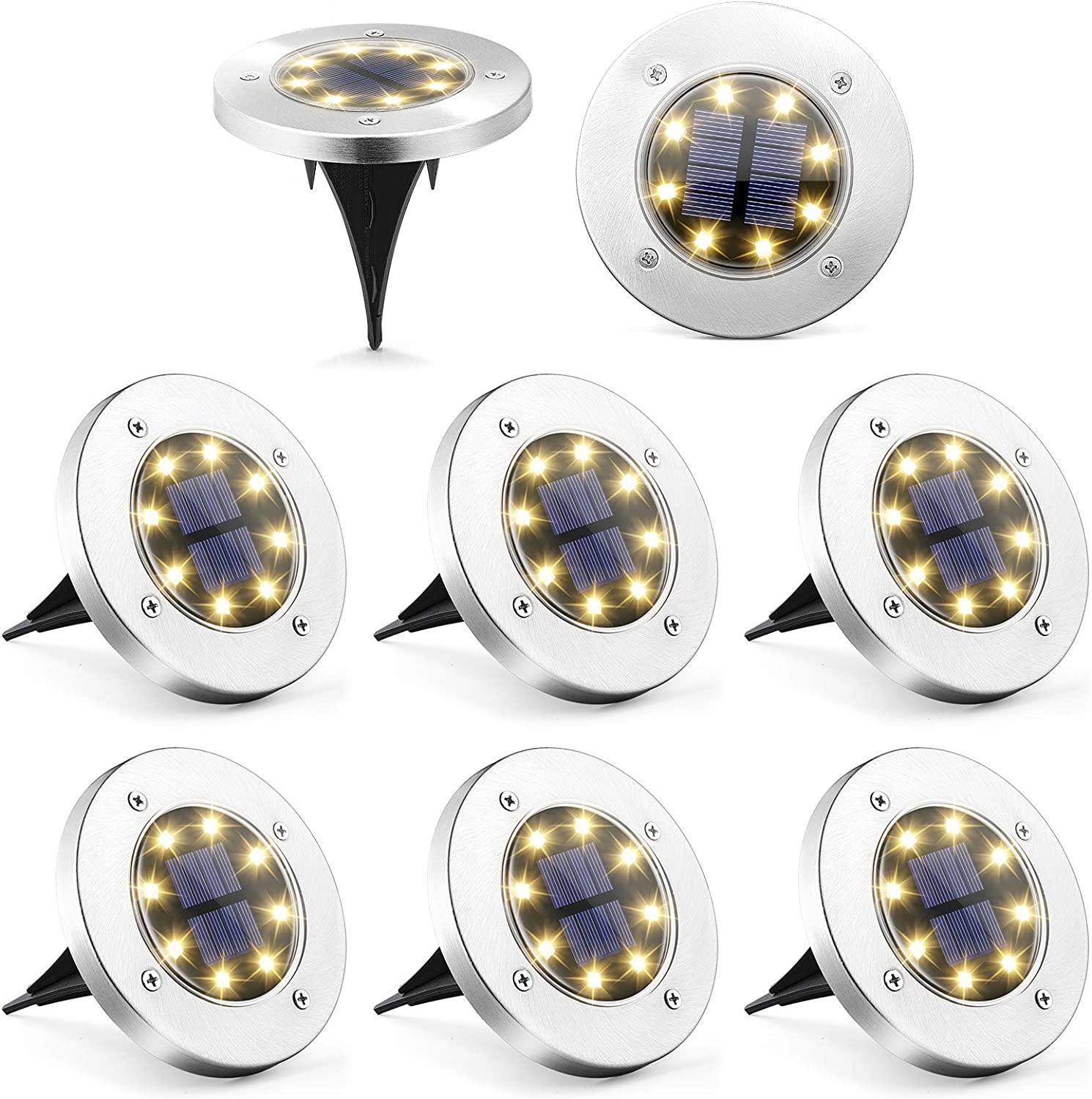 Luminárias  Solares com 8 LED para Jardim Embutidas - Pacote com 8 Unidades - Luz Branca Quente