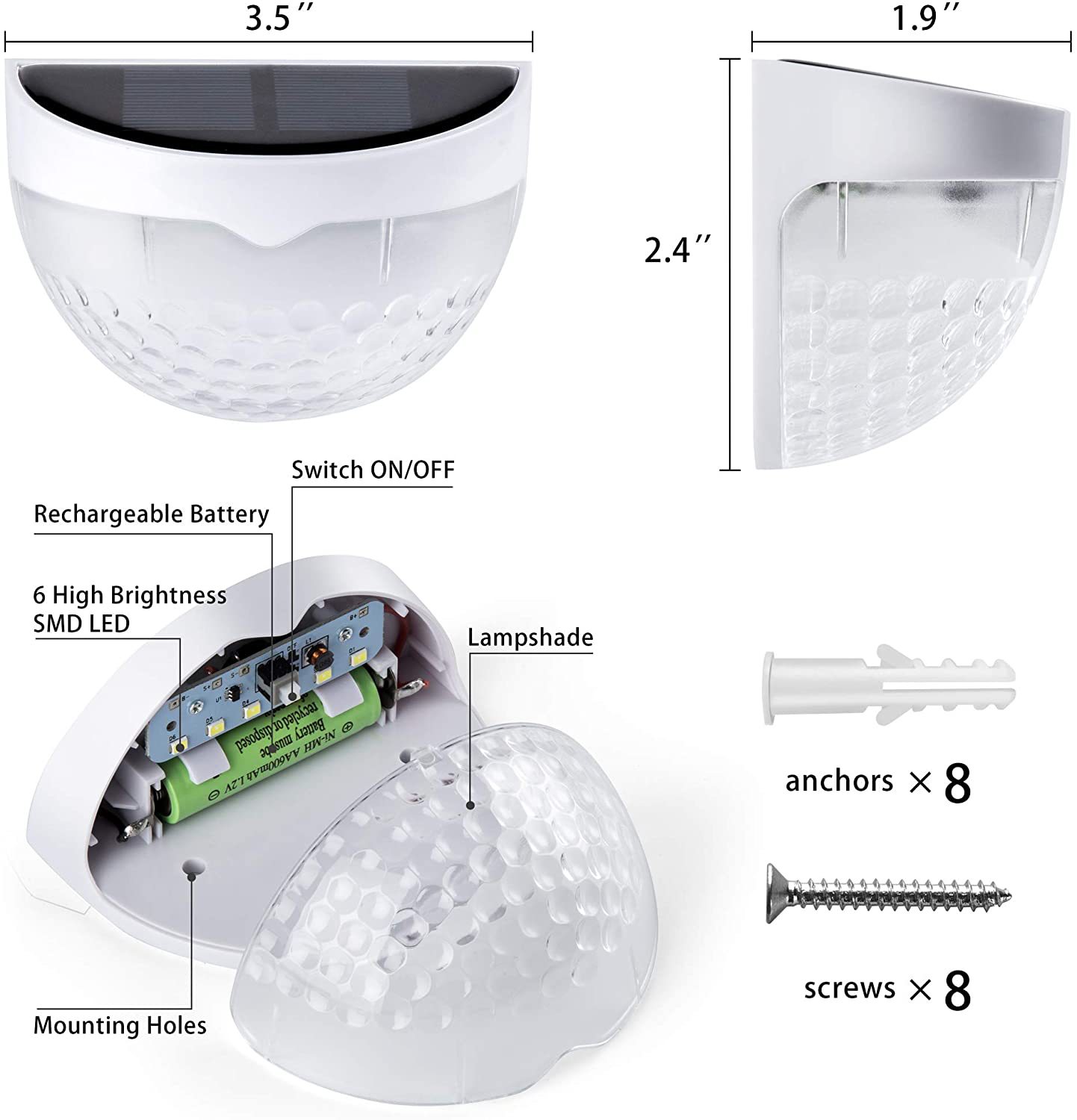 Luminária Solar Semi-Circular com 6 LEDs - Pacote com 8 Unidades - Luz Branca Quente