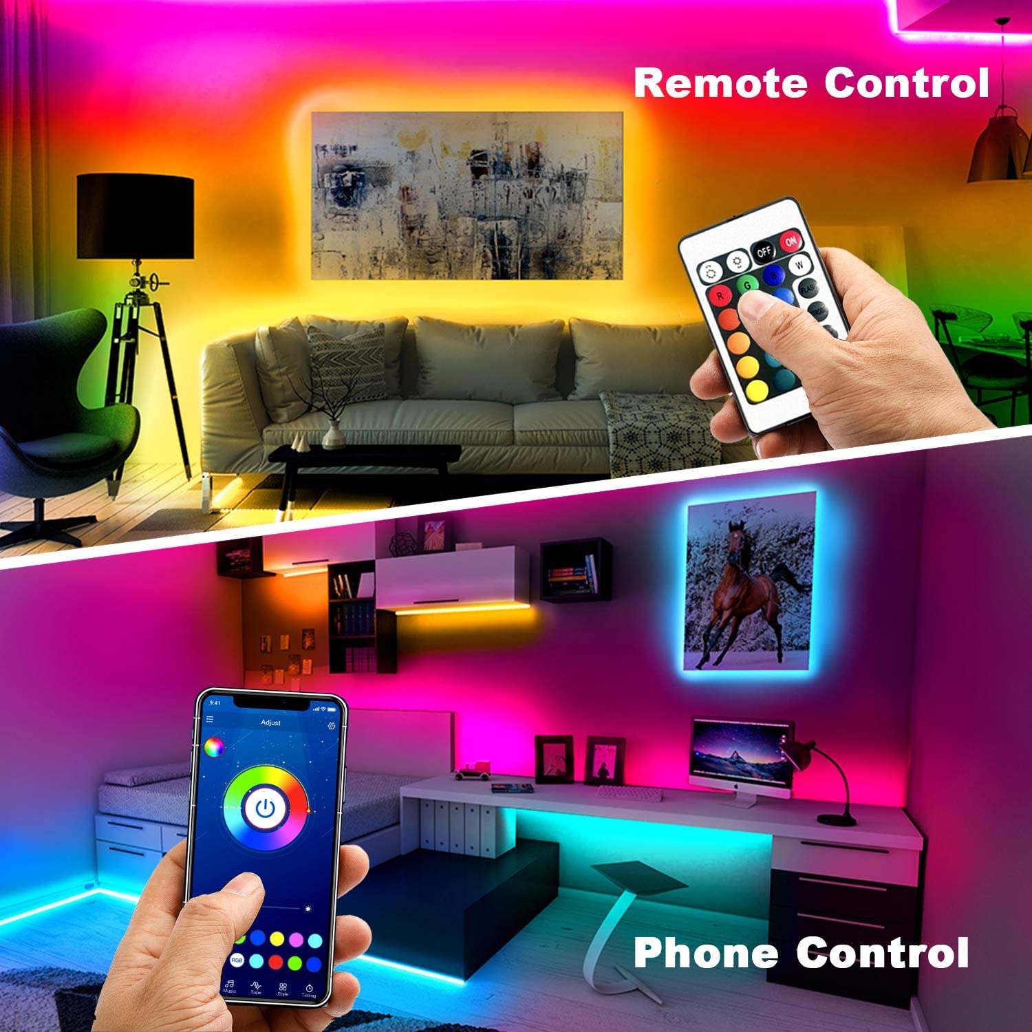 Pacote com Fitas LED RGB de 30m com Controle Remoto de 24 Teclas e Bluetooth