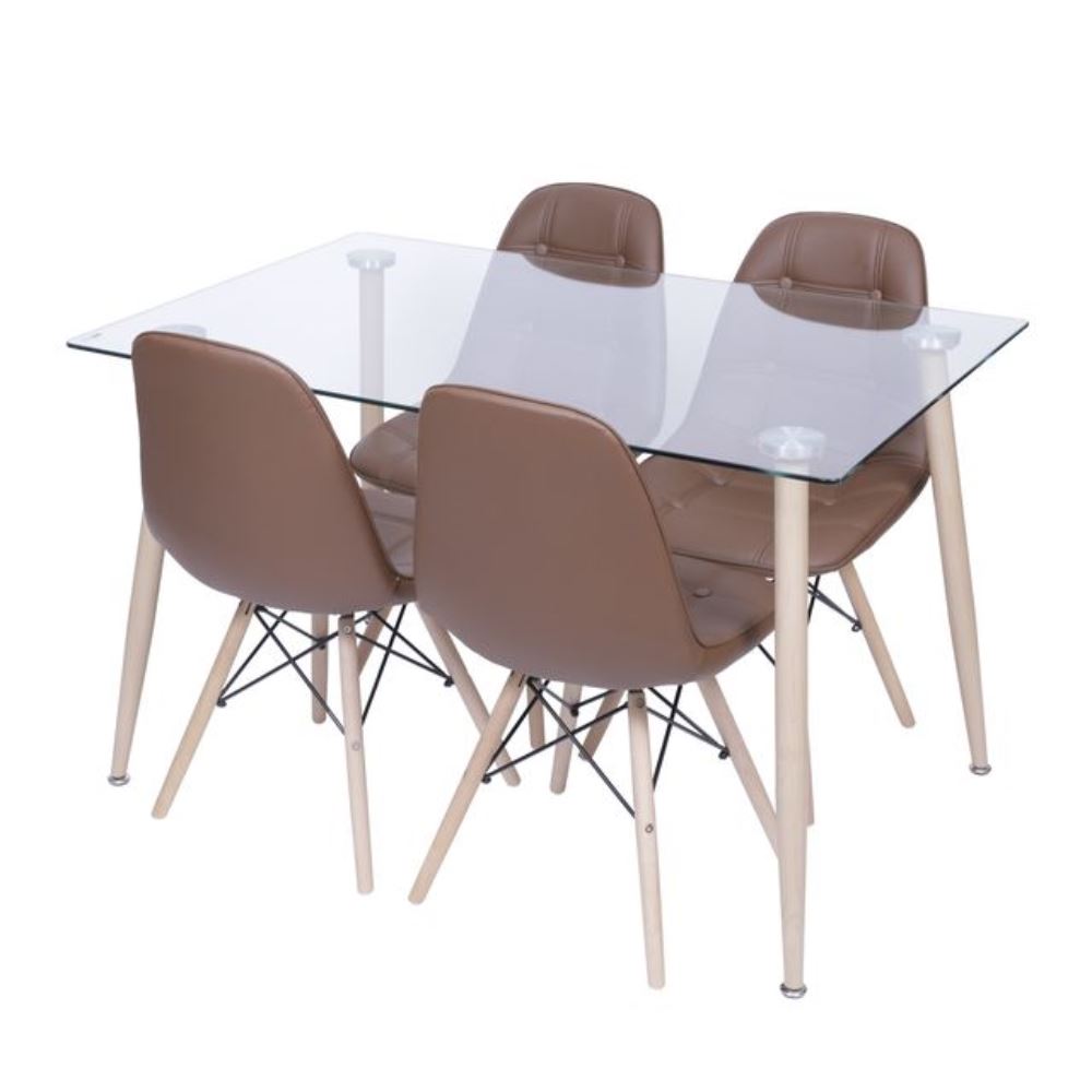 Conjunto Mesa De Jantar Vidro Taurus Preta + Kit 4 Cadeiras Café Estofada Cozinha 