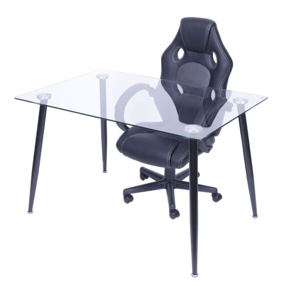 Conjunto Mesa De Jantar Vidro Taurus Preta + 1 Cadeira Gamer Raptor Preta e Cinza 