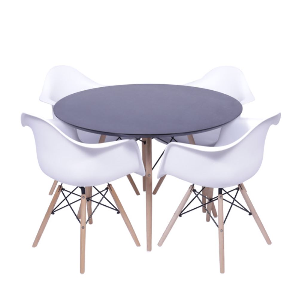 Conjunto Mesa Redonda Sala De Jantar Preta + Kit 4 Cadeiras Eames C/Braço Jantar Branca