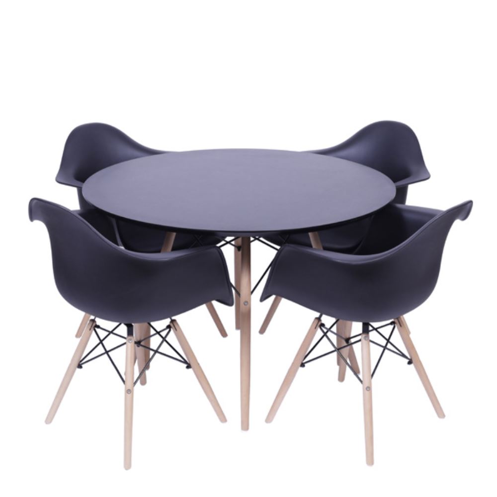 Conjunto Mesa Redonda Sala De Jantar Preta + Kit 4 Cadeiras Eames C/Braço Jantar Preta