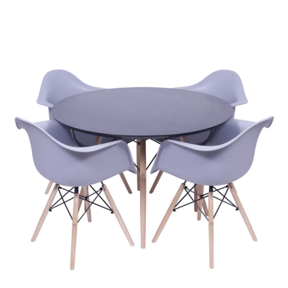 Conjunto Mesa Redonda Sala De Jantar Preta + Kit 4 Cadeiras Eames C/Braço Jantar Cinza