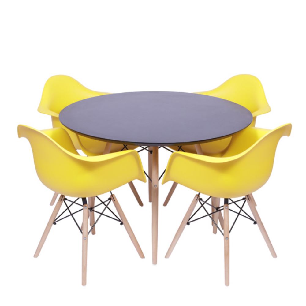 Conjunto Mesa Redonda Sala De Jantar Preta + Kit 4 Cadeiras Eames C/Braço Jantar Amarela