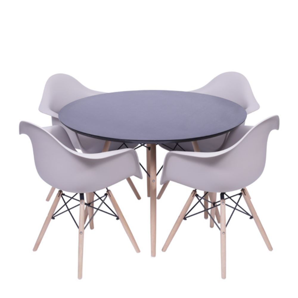 Conjunto Mesa Redonda Sala De Jantar Preta + Kit 4 Cadeiras Eames C/Braço Jantar Fendi