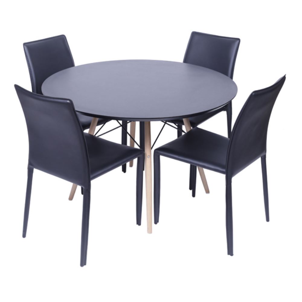 Conjunto Mesa Redonda Sala De Jantar Preta + Kit 4 Cadeiras Sala Couro Ecológico Preto