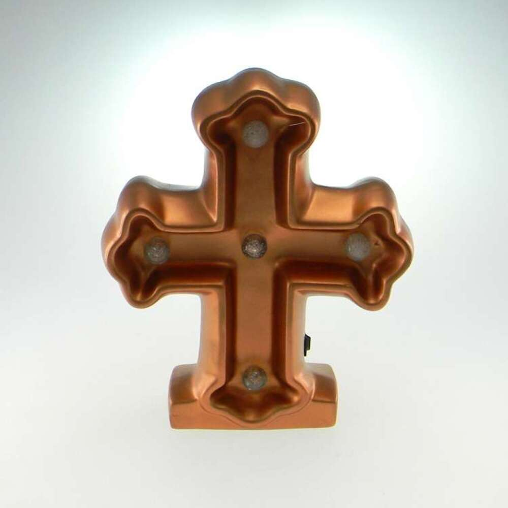 Cruz Decorativa Com Luz Led Cor Cobre Em Cerâmica 25x5x20 Cm